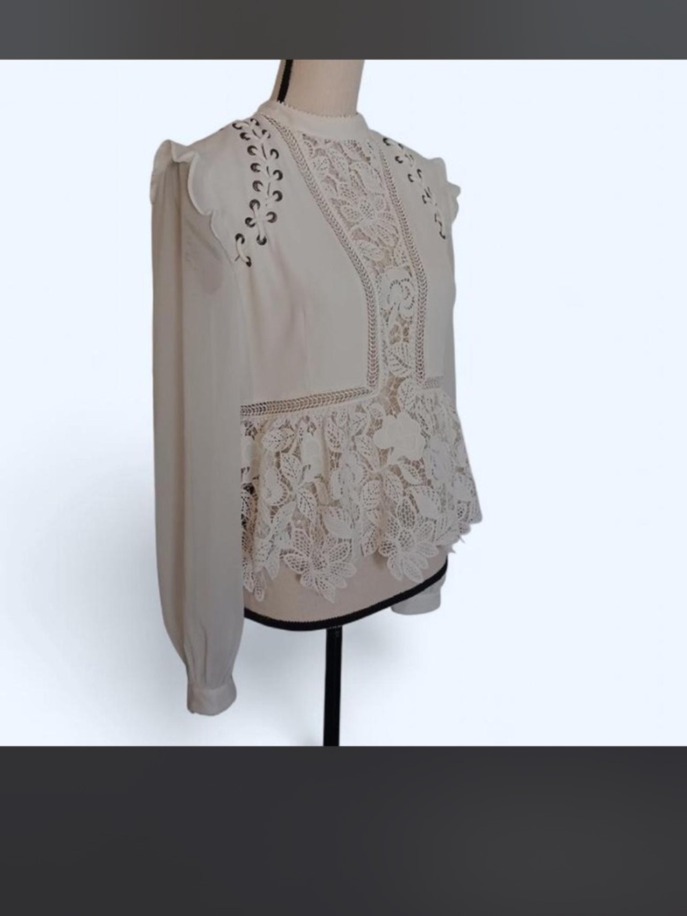 Self-Portrait Cream Lace-Trim High-Neck Long Sleeve Blouse